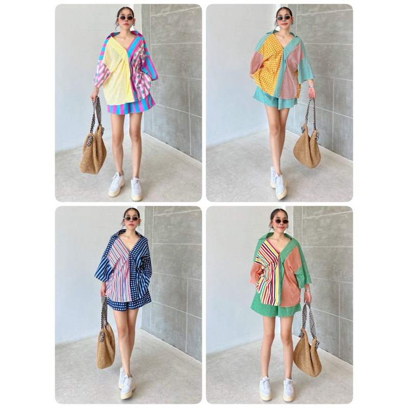 ISSARA (IC25-SET298-1) ชุดเซ็ท ผ้าคอตตอนอินเดีย เสื้อเชิ้ต+กางเกงเอวสม็อค /อก50นิ้ว/ผู้ใหญ่/