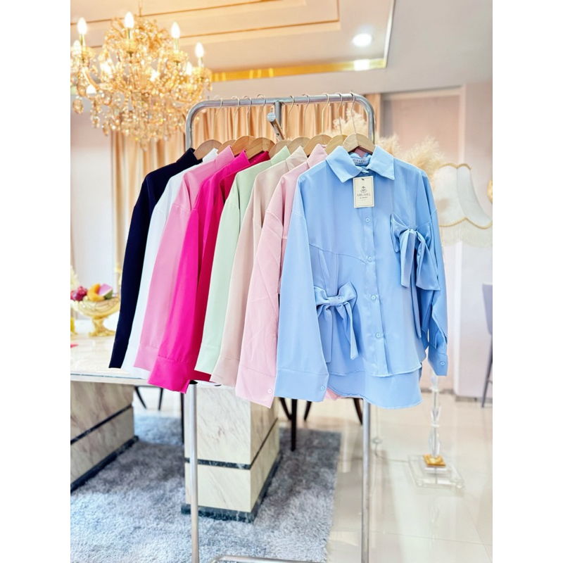 (อก 50“) เสื้อเชิ้ตแขนยาว (สีพื้น) โบว์คู่หน้า (ผ้า Crepe รูปที่ 2