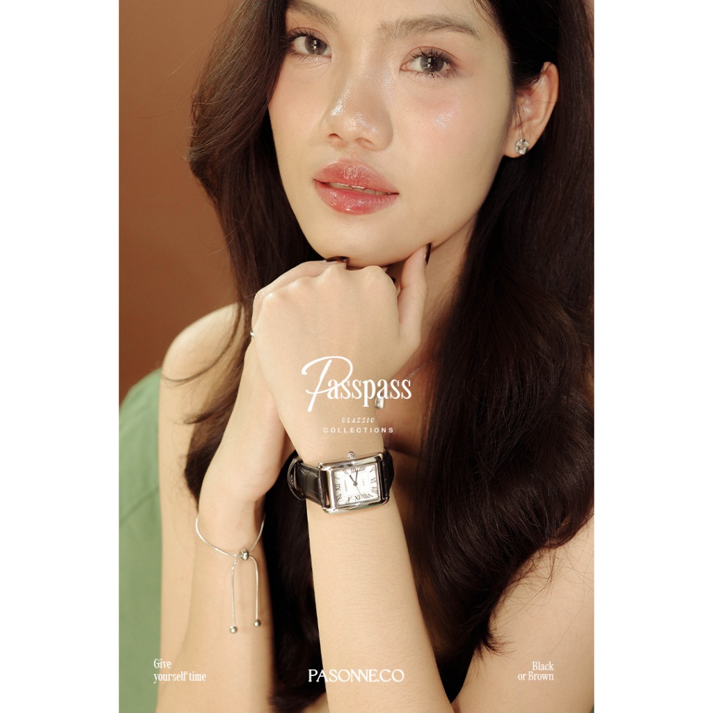 pasonne.co นาฬิกาข้อมือ ทรงผืนผ้า รุ่น passpass สายสีดำและน้ำตาล เหมาะกับรอบข้อมือใหญ่