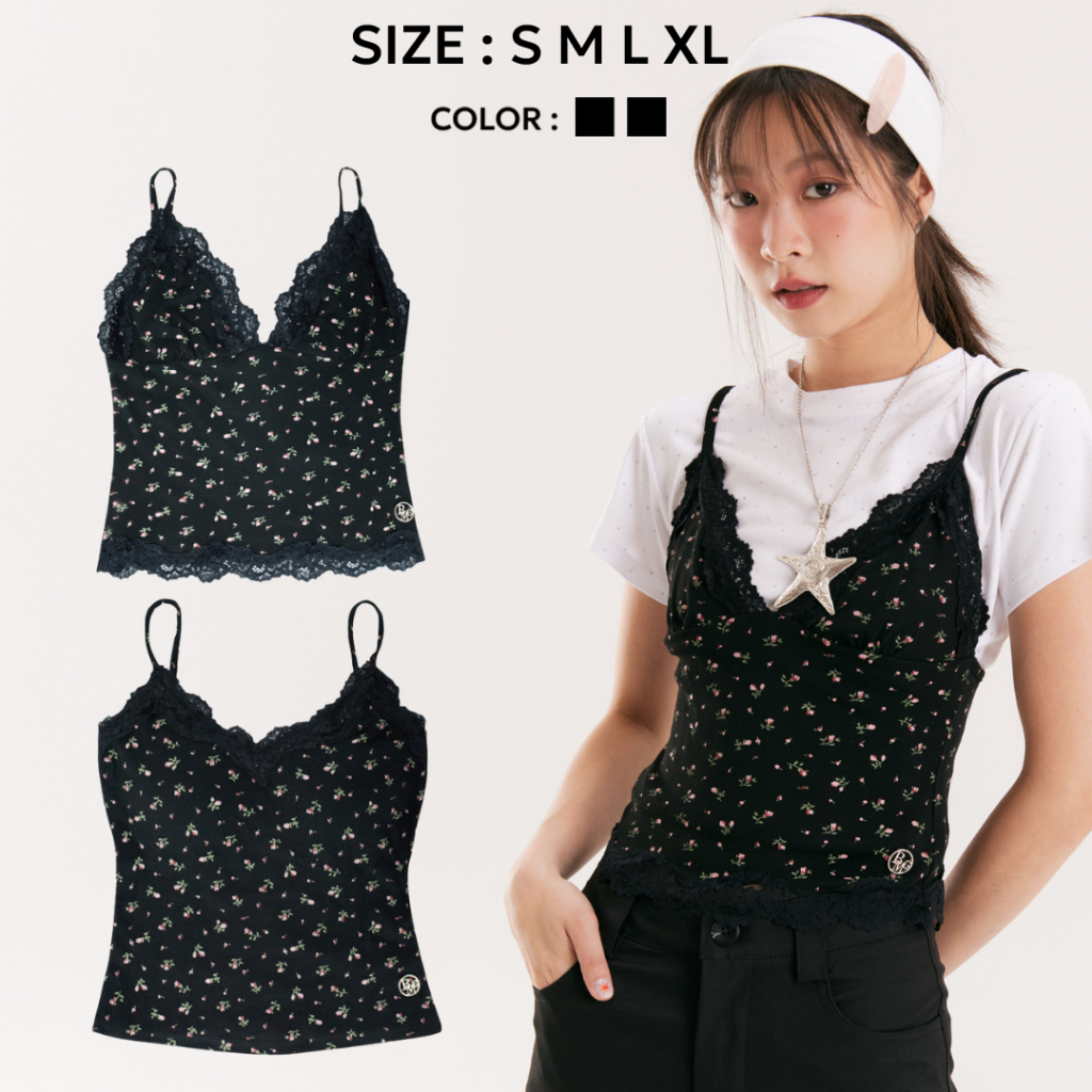 Bemingtop907(S-XL)-BLOSSOM LACE CAMI สายเดี่ยวลูกไม้ลายดอกน่ารักกรุบ! 🖤