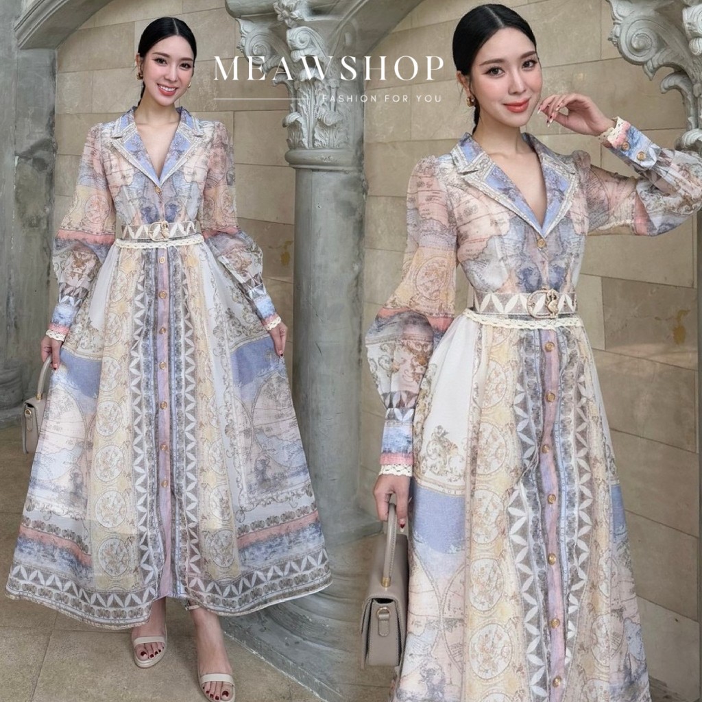S-2XL เดรสยาวพิมพ์ลายแขนยาว ต้นแขนยก คอปกสูท แต่งลายกราฟฟิก ชุดไปงาน ชุดเพื่อนเจ้าสาว ชุดไปงานแต่ง ช