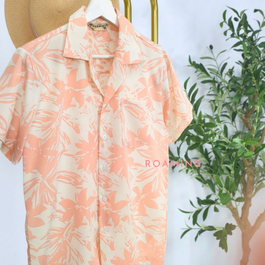 ROAMING HS18 เสื้อฮาวาย เสื้อครอบครัว ผ้าไหมอิตาลี ยับยาก ไม่ต้องรีด Italian Silk Hawaiian Shirts (ดอกไม้ส้ม)