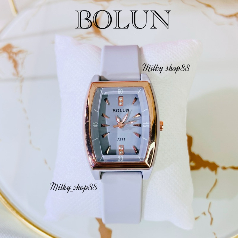 (M47) นาฬิกา BOLUN รุ่นหน้าทรงถัง ประดับเพชร 4 เม็ด สายสิริโคนนุ่ม สีสวย ดูแพง ( 10 สี )