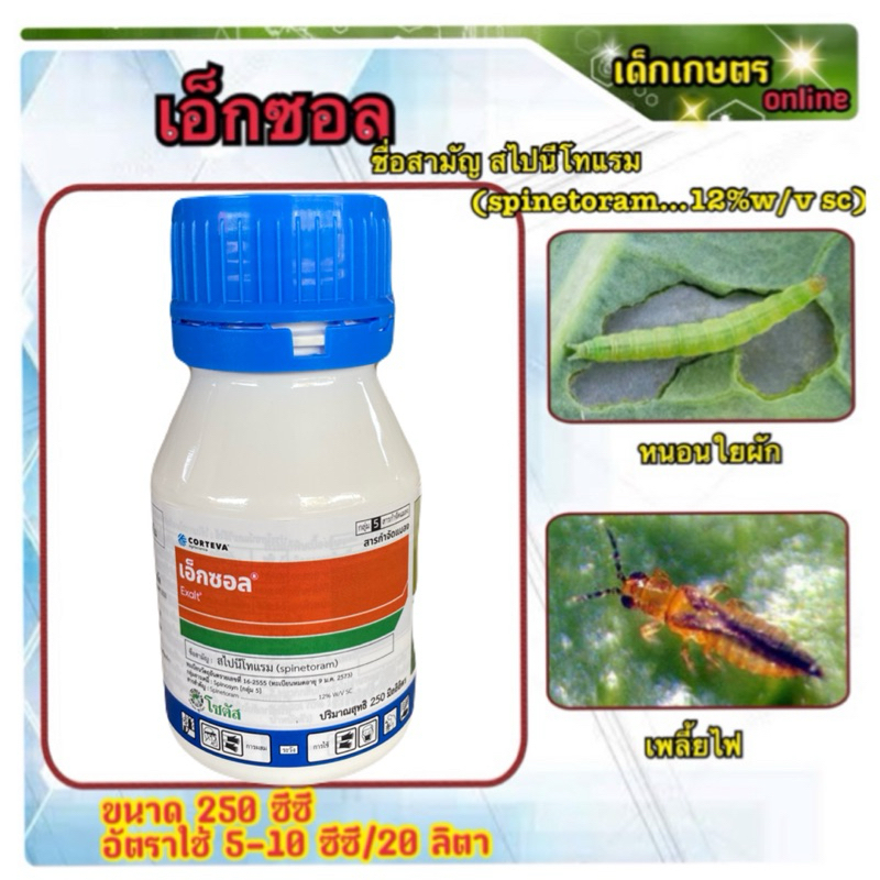 ยากำจัดหนอนดื้อยา เอ็กซอล  สไปนีโทแรม(spinetoram)250 cc. กำจัดหนอนในผักเพลี้ยไฟในผักหนอนดื้อยาเพลี้ยไฟดื้อยาหนอนกินผัก