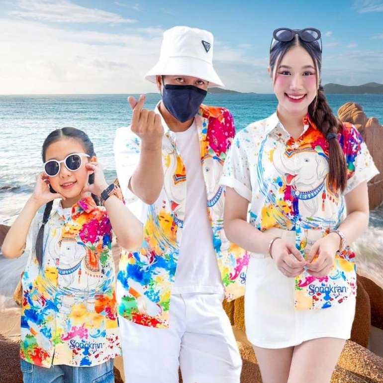 3139 เสื้อทีมฮาวายลายใหม่2025 สาดสีสงกรานต์ลายช้าง ทรงวัยรุ่น หญิงชายใส่ได้ ผ้าโพลีพรีเมี่ยม งานปัาย ลายคมชัด *1ตัว*
