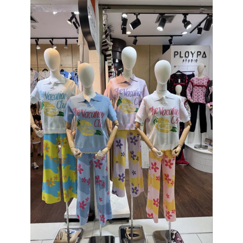 เซ็ตขายาวทอลายดอกไม้เสื้อทอลายเลม่อน