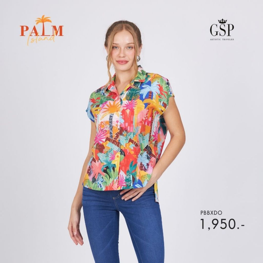 GSP Woman's blouse Palm island เสื้อเชิ้ตผู้หญิง แขนล้ำ สีส้ม PBBXDO