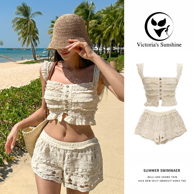 ส่งไวจากไทย ชุดว่ายน้ําทูพีช ชุดว่ายน้ำแฟชั่น ชุดว่ายน้ำถัก สไตล์เกาหลี beach#0778
