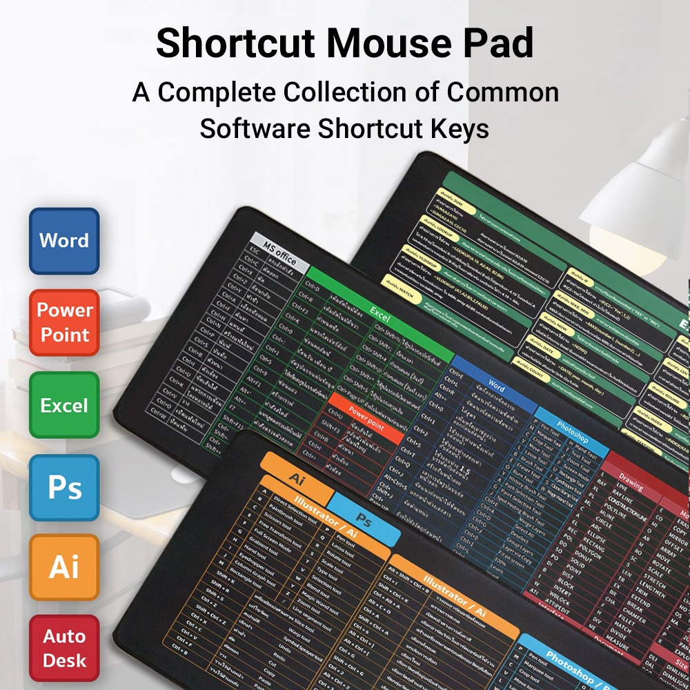 แผ่นรองเมาส์ขนาดใหญ่ 300*800*2mm แผ่นรองเมาส์คีย์ลัดภา Shortcut Keys Mouse Pad MS office word excel PPT PS แผ่นรองเมาส์