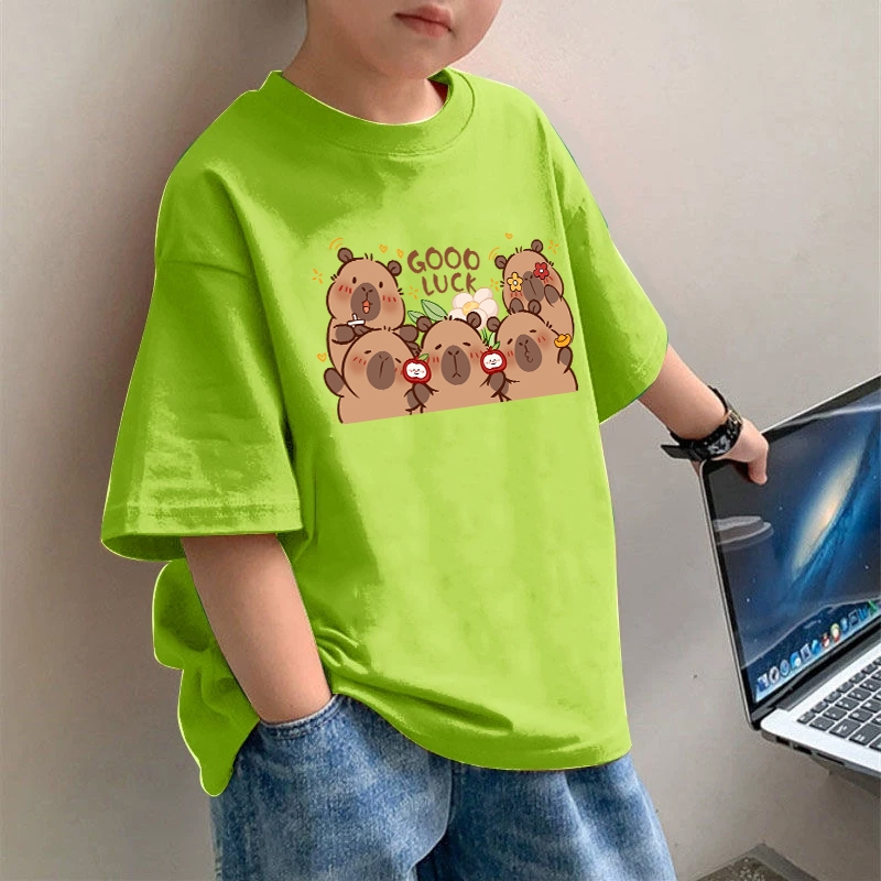 Yout-children kids เสื้อเด็ก แฟชั่น เสื้อชุดไทย เสื้อสีพื้น แขนสั้น 'capybara' boy/girl tshirt ผ้าCotton  สีเขียว