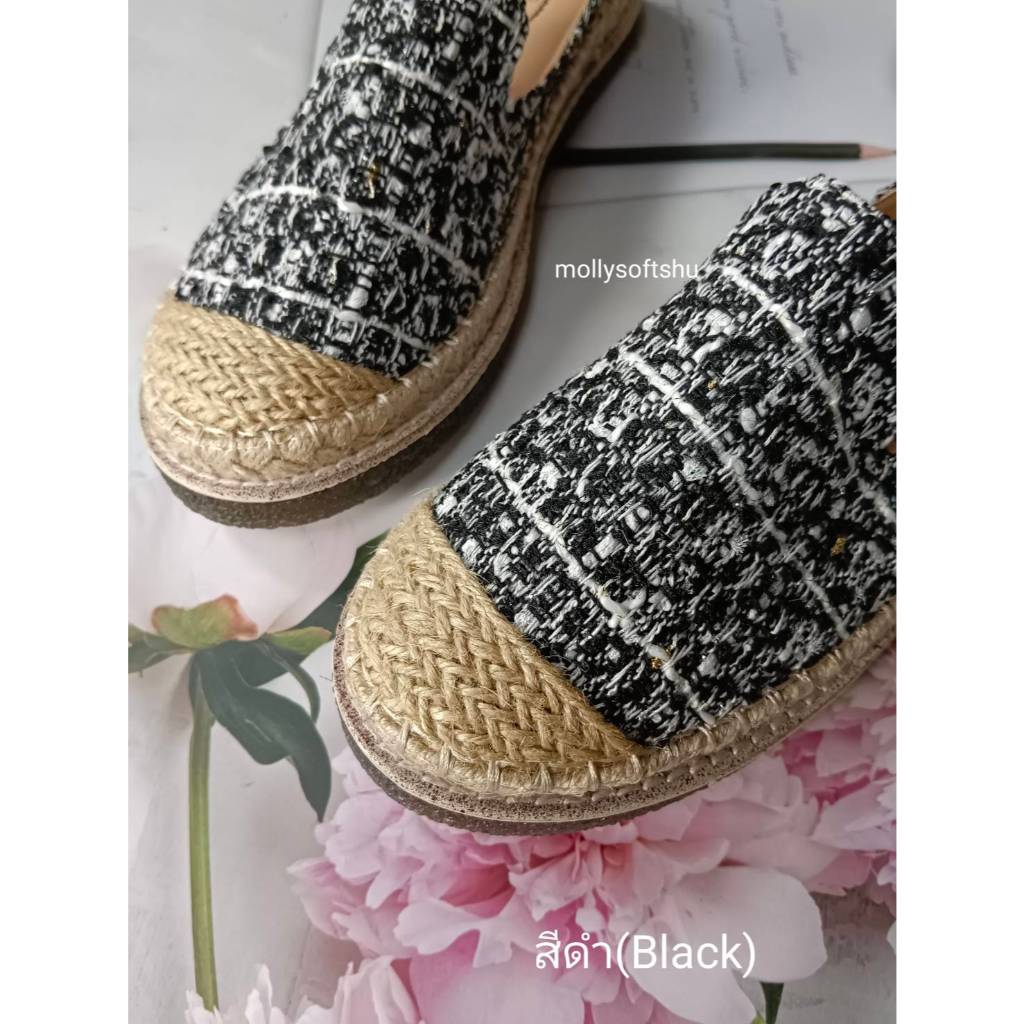 แนะนำ+1ไซด์ รองเท้าแตะเปิดส้นผ้าทวิต de shoes เย็บขอบเชือกปอพื้นด้านล่างเป็นยางซิลิโคนหนาอย่างดีไม่ลื่น เดินสบาย 680312