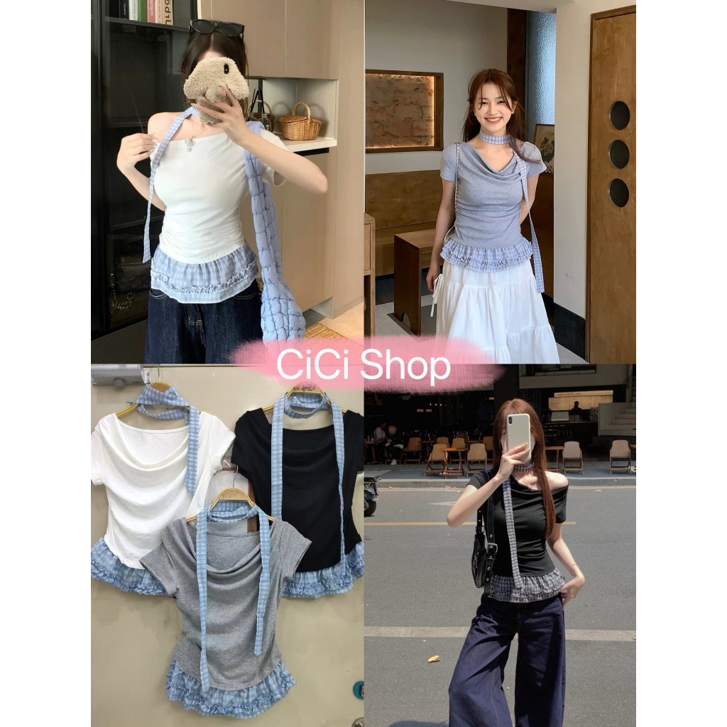 Cicishop(J2036)เสื้อปาดไหล่ ดีเทลเย็บชายระบาย แถมโช้คเกอร์  ผ้าเรยอน สไตล์เกาหลี