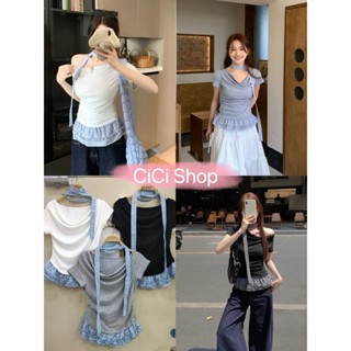 Cicishop(J2036)เสื้อปาดไหล่ ดีเทลเย็บชายระบาย แถมโช้คเกอร์  …