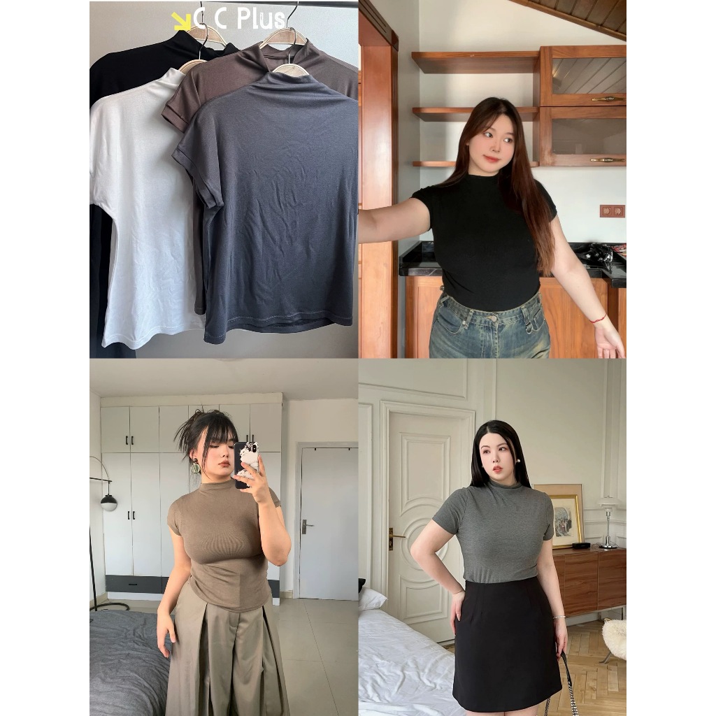 CiCi Plus+(J2006) เสื้อคอเต่าผ้าเรยอน แขนสั้น เข้ารูปทรงสวย เนื้อผ้ายืดหยุ่นใส่สบายสไตล์สาวพลัสไซส์