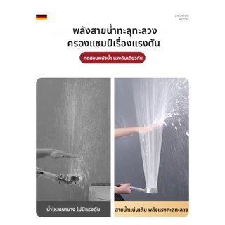 ฝักบัวสแตนเลส 304 แรงดันสูง กันสนิม หัวต่อมาตรฐานสากล พร้อมสายน้ำ 1.5 ม. และขาตั้งไม่ต้องเจาะ