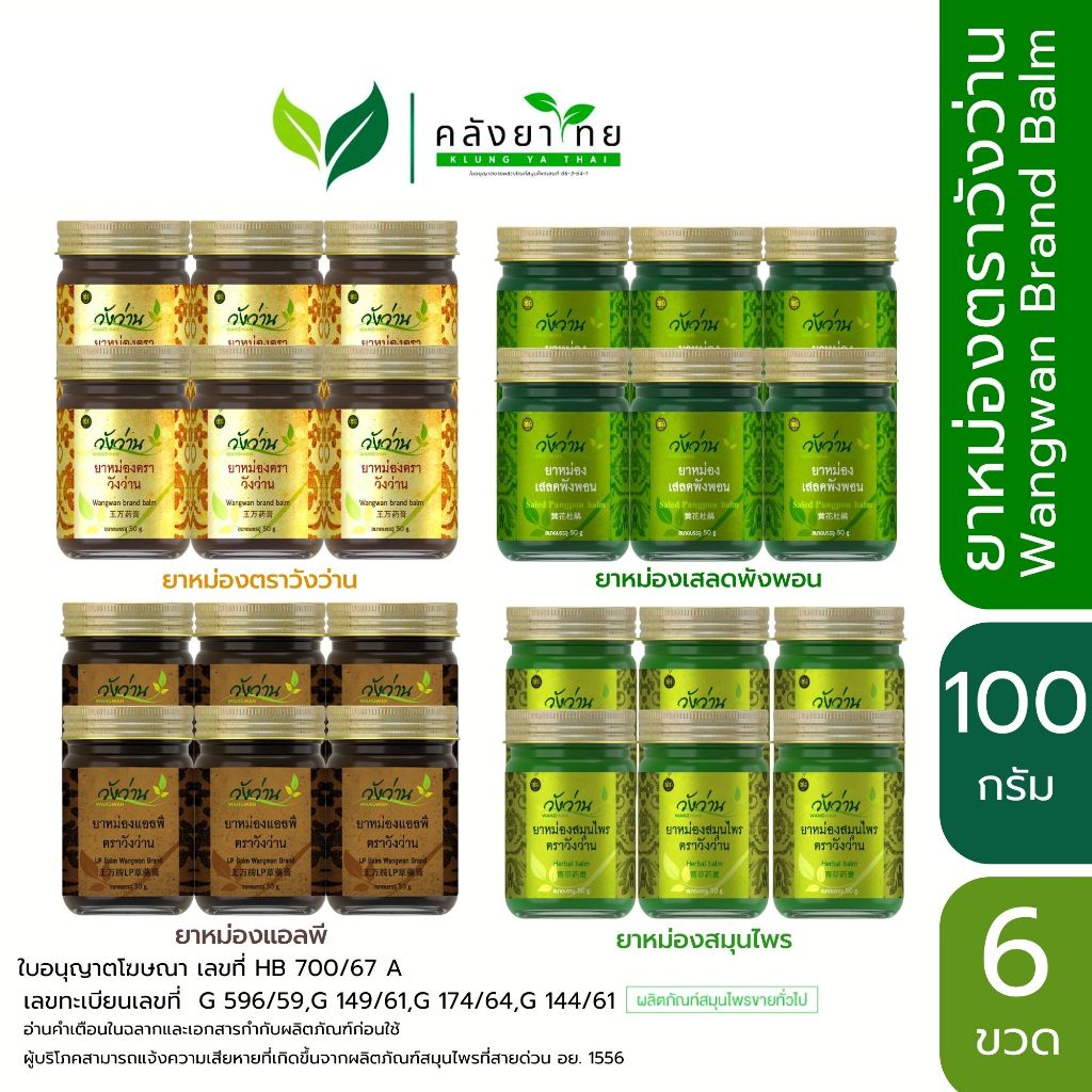 [แพ็ค 6 ขวด] ยาหม่องวังว่านทุกสูตรขนาด Wangwan Brand Balm ไพล/เสลดพังพอน/แอลพี ขนาด 50/100 กรัม