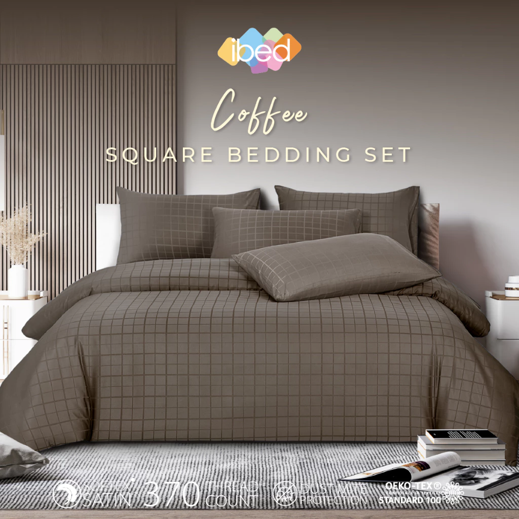 ibed ชุดผ้าปูที่นอนทอลายครบเซ็ท Softex Satin (ลายสี่เหลี่ยม) Coffee - SQUARE COLLECTION