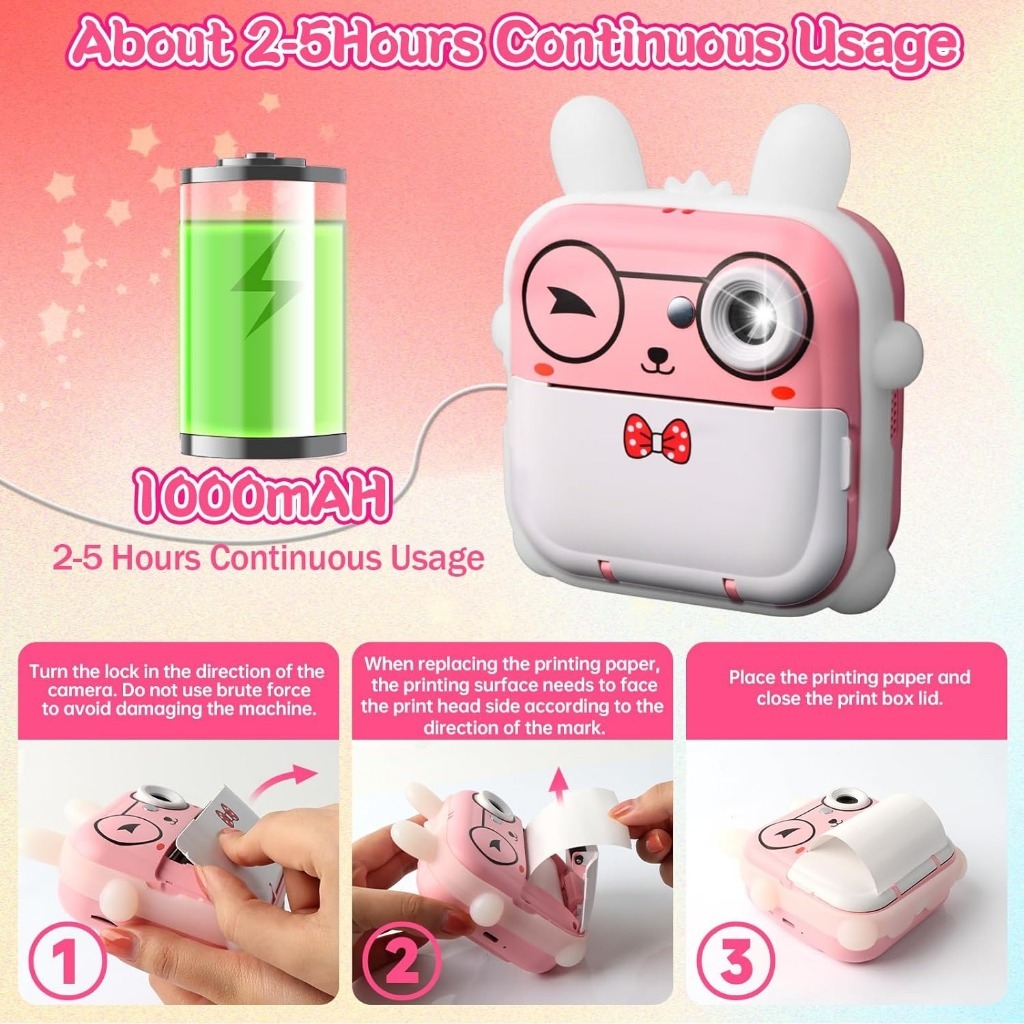 กล ้ องเด ็ กพิมพ ์ ทันทีกล ้ องดิจิตอล 1080P ปริ้นได้ทันที ความจำ Micro SD Card  ของขวัญสําหรับเด็กชายและเด็กหญิง