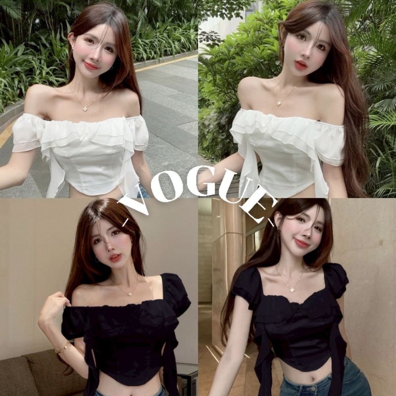 Vogue🌟พร้อมส่ง🌟 เสื้อเปิดไหล่ แขนสั้น เซ็กซี่หวานๆสีขาวดำ (FY2836)