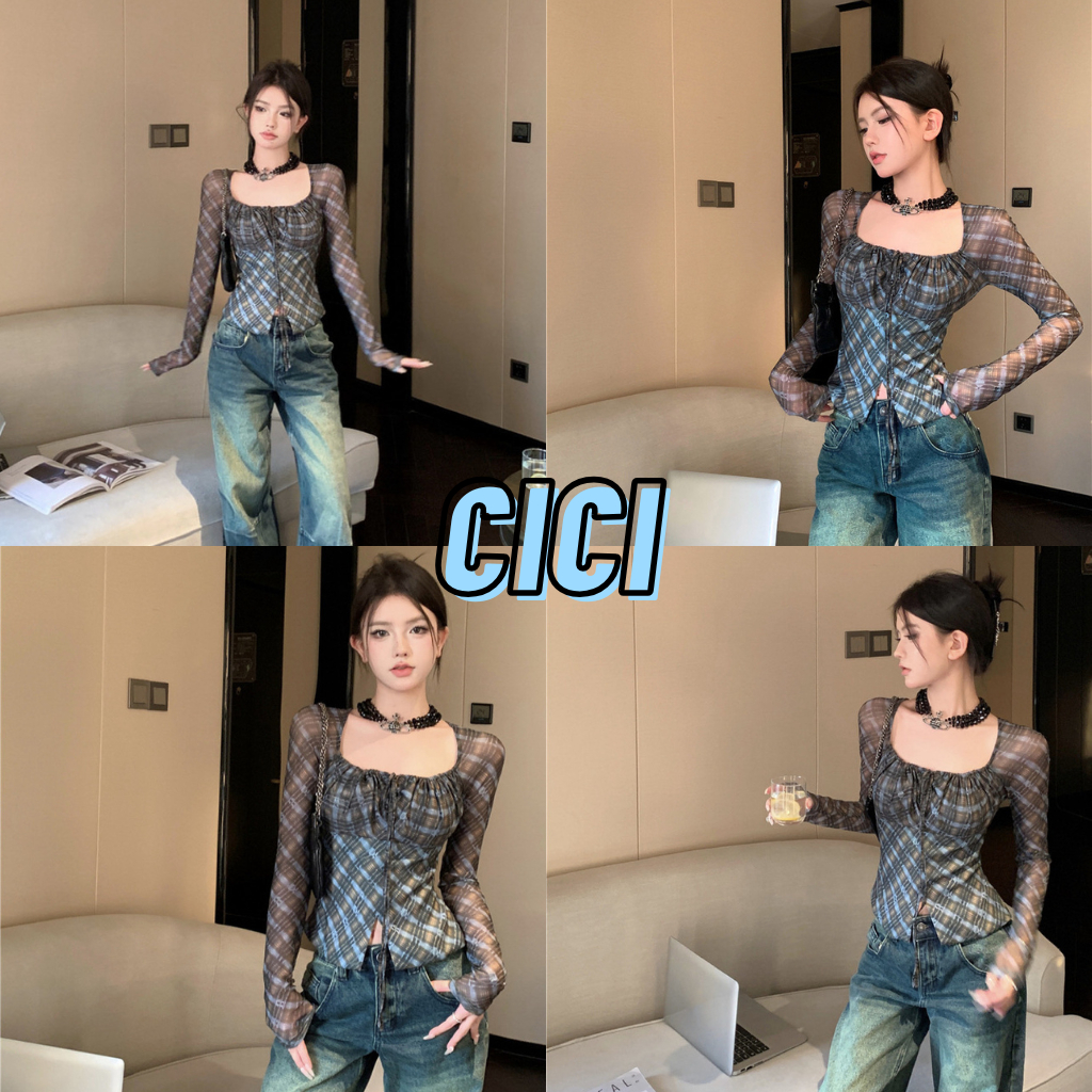 ส่งทันที Cici(NO. J1692) เสื้อซีทรูแขนยาวลายสก๊อต เชือกด้านหน้ารูดได้ ซิปข้างเข้ารูป ดีเทลด้านล่างเย็บ 2 ชั้นเก๋ๆ