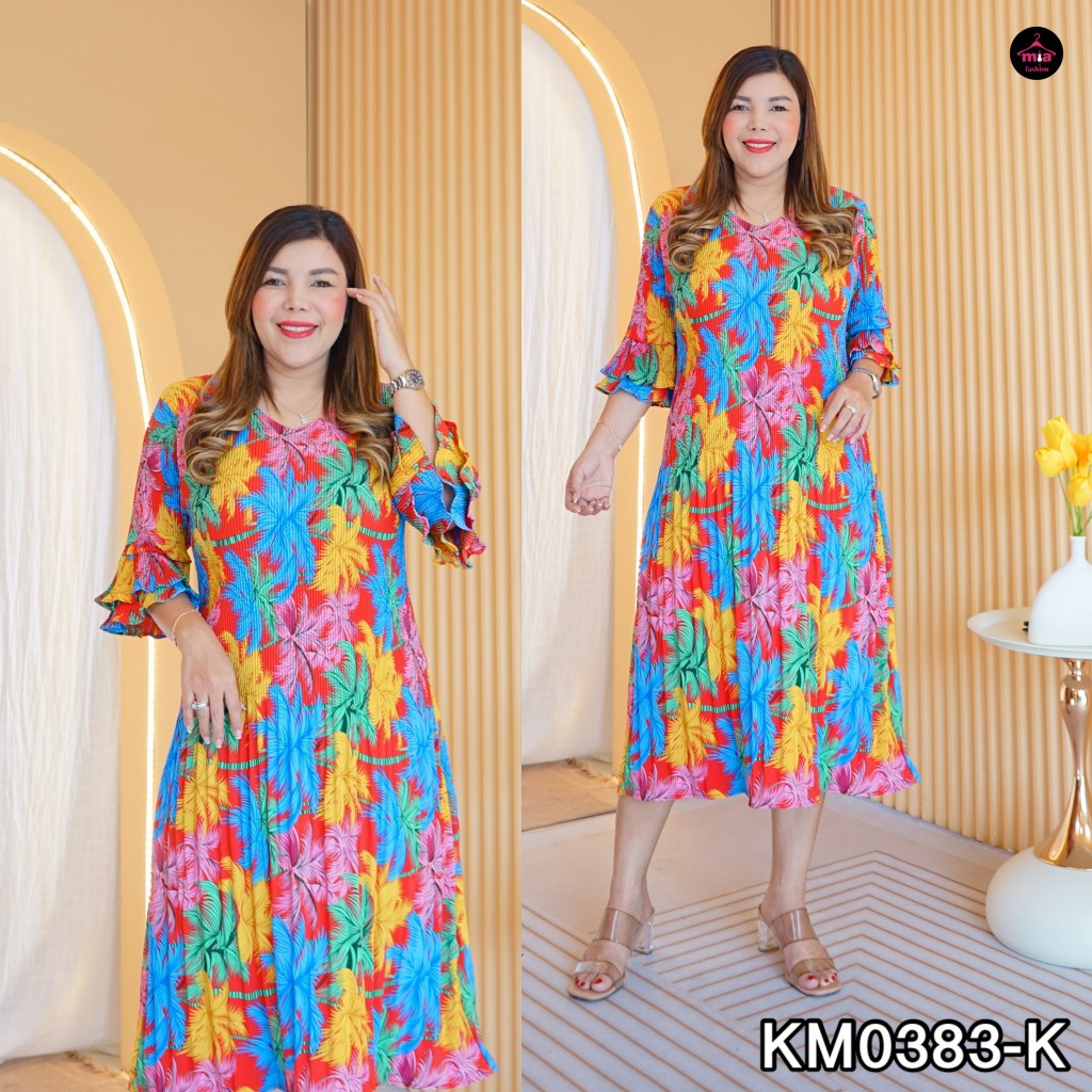 Miafashion (KM0383) เดรสอีดพลีทลายดอกไม้ แขนสองชั้น สวยๆ - รูปที่ 7