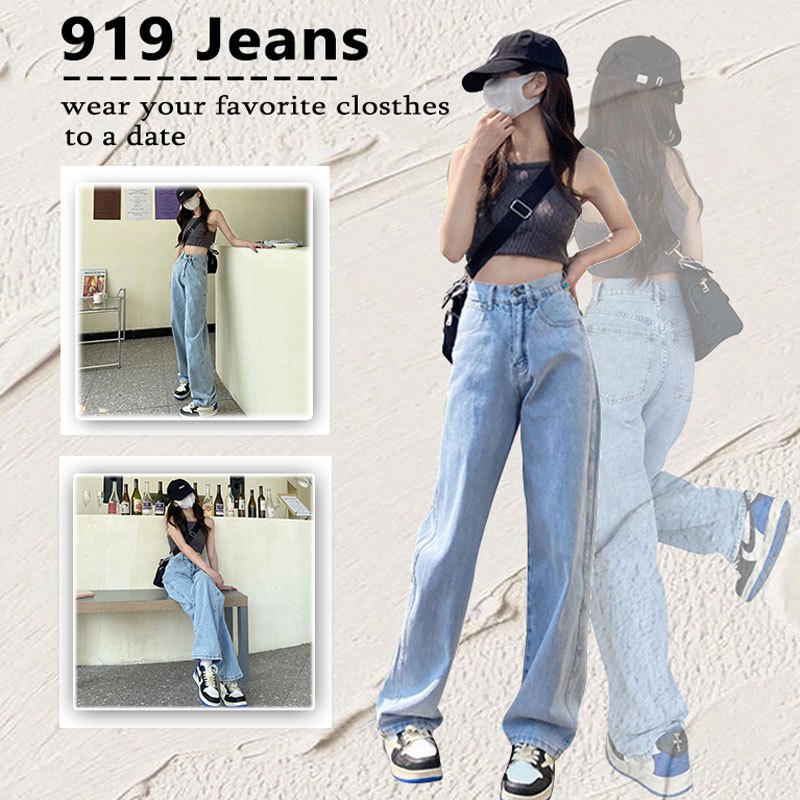 ⭐919JEANS⭐เอวสูง กระบอกใหญ่ กางเกงยีนส์ สไตล์เกาหลี แนววินเทจ สินค้าพร้อมส่งจากกทม
