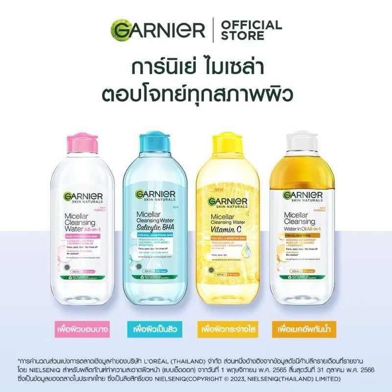 การ์นิเย่ ไมเซล่า คลีนซิ่งวอเตอร์ 400มล. micellarล้างเครื่องสำอาง