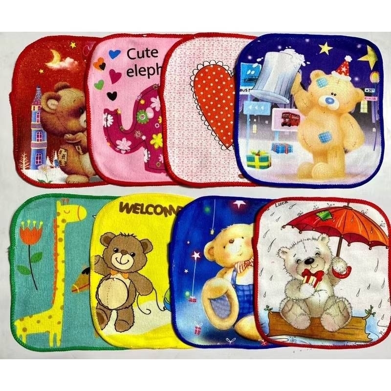 Z0281 ผ้าเช็ดหน้าเกรดดีลายการ์ตูนขนาด 10*10 นิ้ว คละสี คละลาย ได้ 12 ผืน