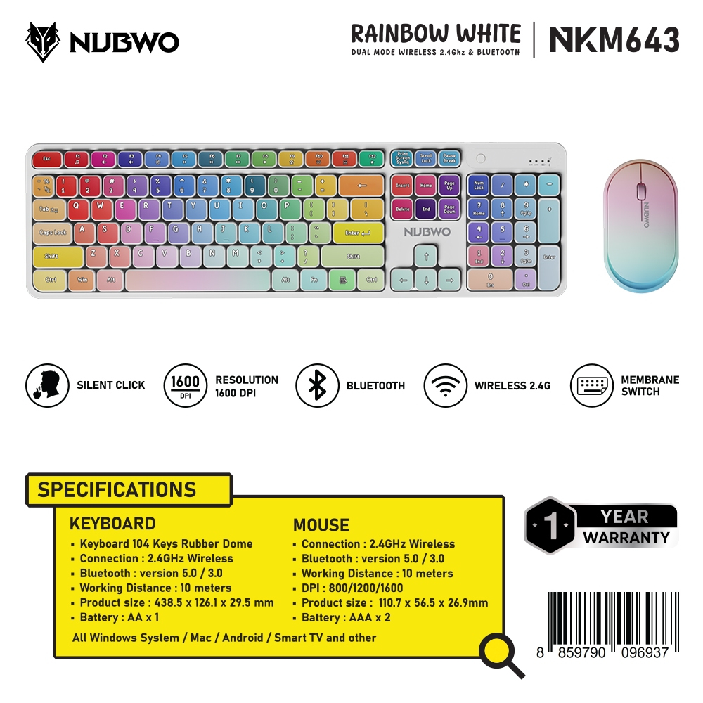 เมาส์คีย์บอร์ดไร้สาย Keyboard Mouse Nubwo NKM-643 Dual mode Wireless/Bluetooth RubberDome Switch(RAI