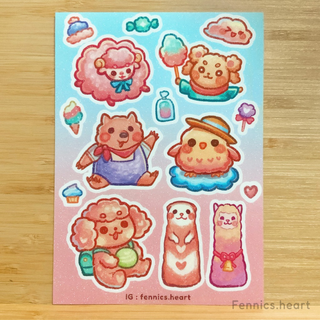 สติกเกอร์พีพีเคลือบกลิตเตอร์ - Cotton Candy  /  PP Glitter Sticker sheet - Cotton Candy