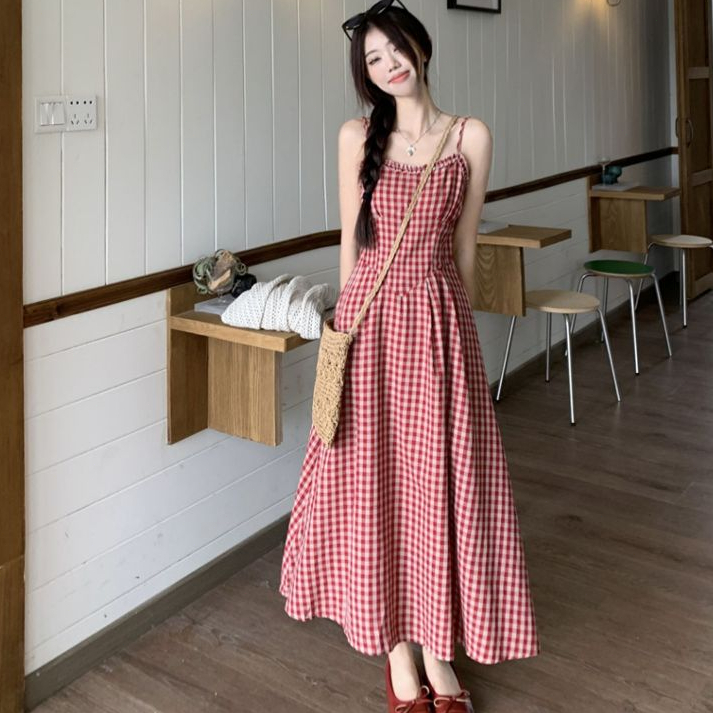 cherryshop พร้อมส่ง ชุดเดรสสายเดี่ยวลายสก็อตสีแดงแฟชั่นฤดูร้อนสำหรับผู้หญิง สไตล์เอไลน์ สไตล์ย้อนยุคฝรั่งเศส การลดอายุ - รูปที่ 2