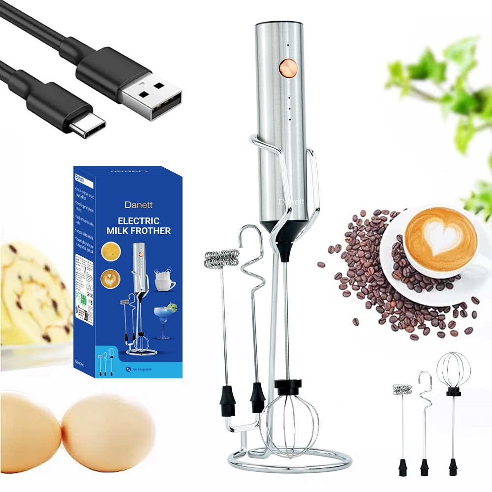 เครื่องตีฟองนมไฟฟ้า1500Mhชาร์จUSB  ที่ตีไข่ไฟฟ้า ที่ผสมนมผง ไม้คนนมสดกาแฟ 3หัว Electric Milk Frother Egg Whisk-รุ่น14BS