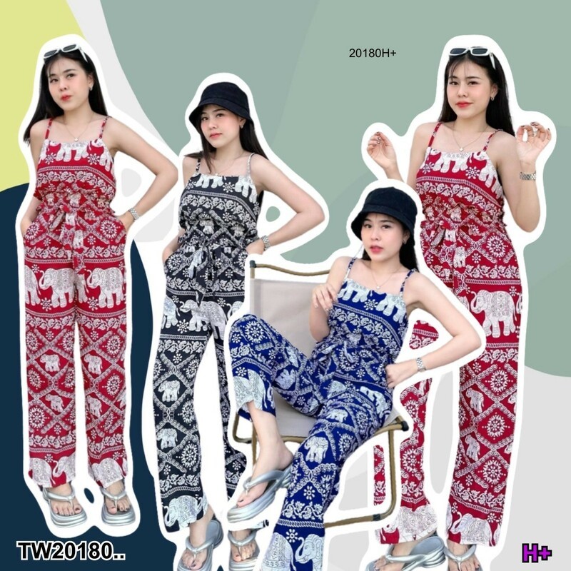 TwinsShopVip💗พร้อมส่ง TW20180 set 2 ชิ้น เสื้อครอปสายเดี่ยวลายช้าง + กางเกงขายาว ..