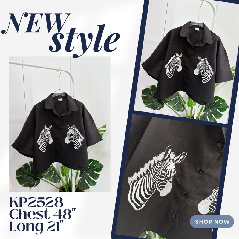 เสื้อเชิ้ตแขนสั้นอก48“ปักม้าลาย อกใหญ่ over size เพิ่มดีเทลน่ารักด้วยลายปักม้าลายคู่เนื้อลายปักสวยๆ