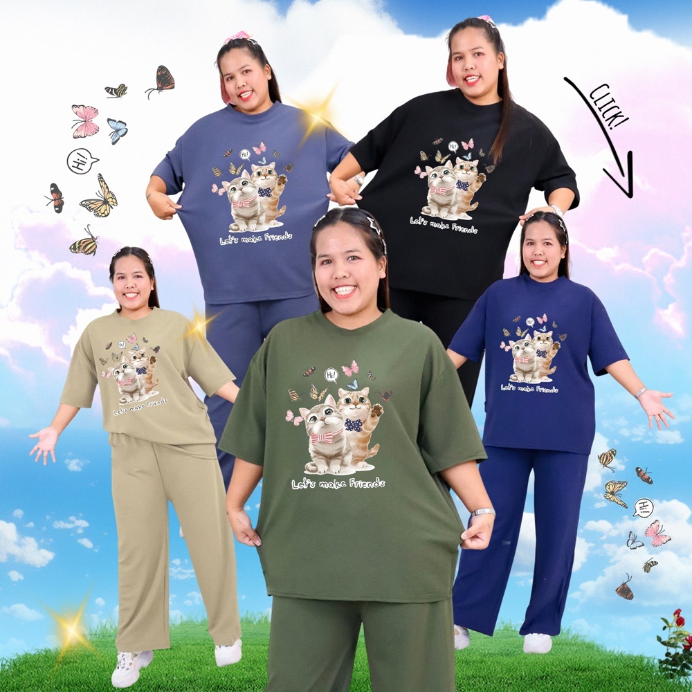 ชุดเช็ท สกรีนลายแมว ไซส์ใหญ่ เสื้อคอกลมแขนสั้น+กางเกงขายาว เนื้อผ้าอัดลายเม็ดงา 9015-img-28#