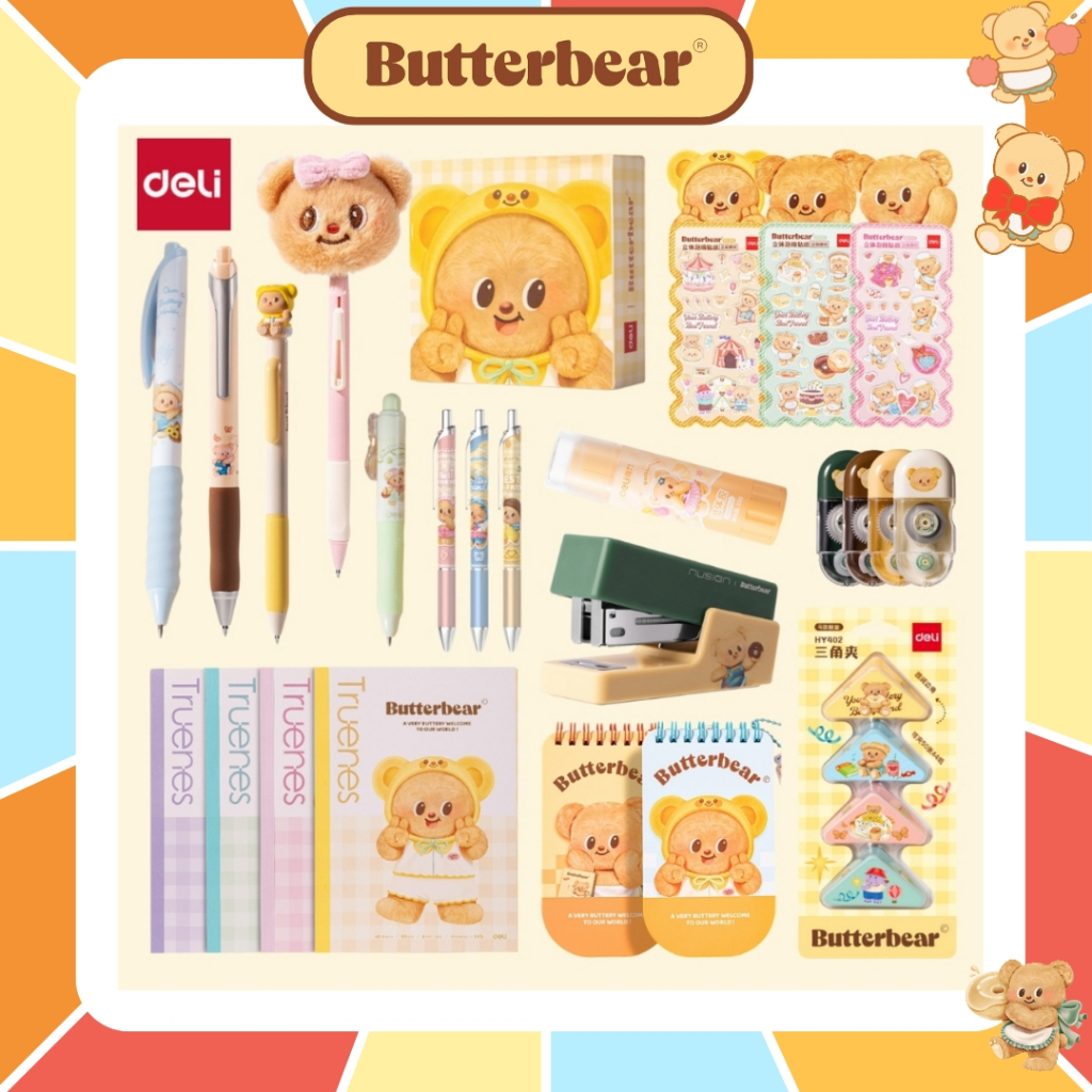 DELI x ButterBear รวมสินค้า หมีเนย เครื่องเขียน อุปกรณ์สำนักงานลายน้องหมีเนย ปากกา สมุด คลิป ที่เย็บกระดาษ กระดาษโน้ต