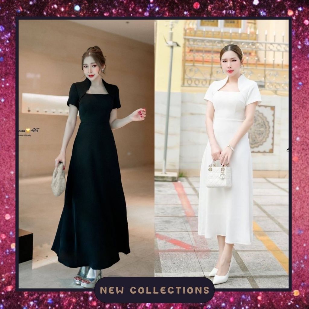 พร้อมส่ง​❥XS-XL ชุดเดรส สีดำ ขาว เรียบ หรู ดูผู้ดี ป้าย Rattana เดรสยาว เดรสงานศพ ชุดดำสุภาพ ชุดดำผู้หญิง