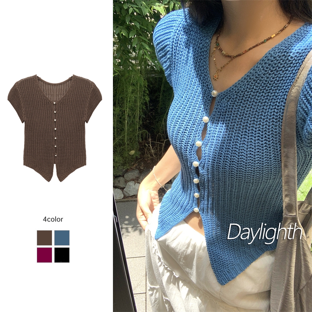 ปุ่มมุก ถัก เสื้อสเวตเตอร์ถัก ผู้หญิง แขนสั้น คอวี ด้านบน เสื้อถัก กระชับสัดส่วน DL