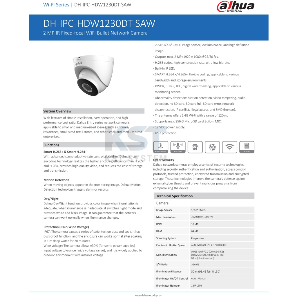 IPC-HDW1230DT-SAW (เลือกเลนส์-พร้อมAdapter) กล้องวงจรปิด Dahua IPC 2MP Wi-Fi (ไมค์)