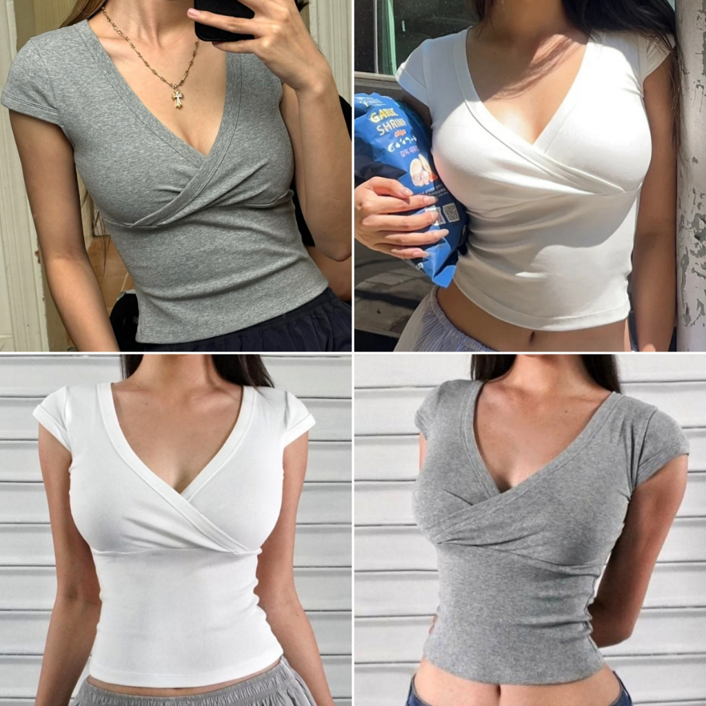 cherryshop พร้อมส่ง เสื้อยืดคอวีสั้นทรงสลิมฟิตสำหรับผู้หญิงในช่วงฤดูร้อน ดีไซน์เก๋ไก้และเซ็กซี่ สไตล์ย้อนยุคแบบอเมริกัน