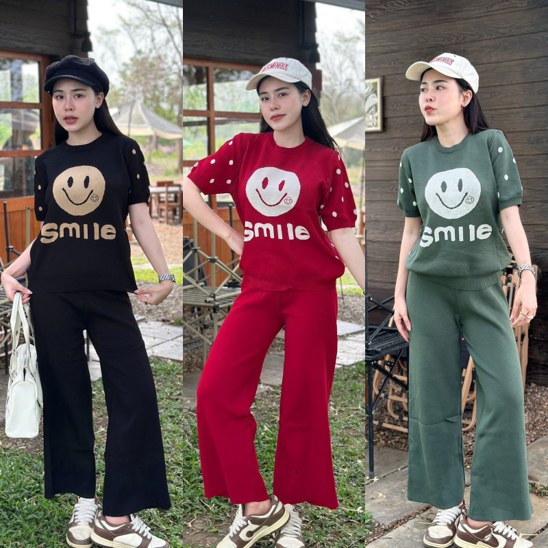 🌈SpinnyHouse🌈เซ็ต2ชิ้น เสื้อคอกลมแขนสั้นพิมพ์ลายยิ้ม คู่กับกางเกงทรงถ่วงยาว ผ้าไหมพรมยืดเยอะ💥ผ้ายืดตามตัว รุ่น เบต้า