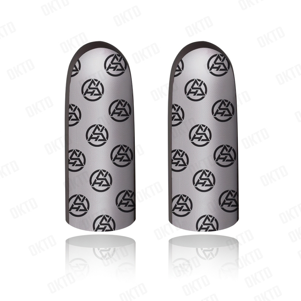 GAME FINGER SLEEVE ถุงนิ้วเล่นเกมมือถือ 1คู่ เล่นได้ทุกเกม  (เทาอ่อน ลาย+ GFS  ผ้าเงินบาง)