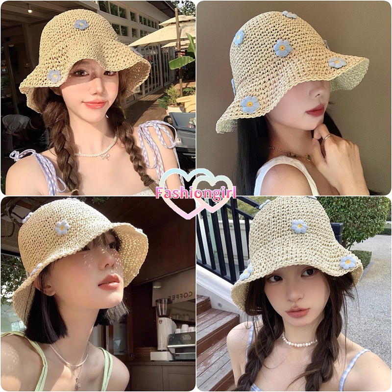 💮Fashion girl💮สไตล์เกาหลี หมวกบักเก็ต หมวกถัก การป้องกันแสงแดด ระบายอากาศได้ การตกแต่งด้วยดอกไม้ สําหรับผู้หญิง