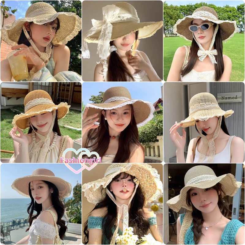 ☀️Fashion girl☀️หมวกฟางลูกไม้ สไตล์เกาหลี หมวกแฟชั่น ขนาดใหญ่ ระบายอากาศได้ การป้องกันแสงแดด สําหรับผู้หญิง