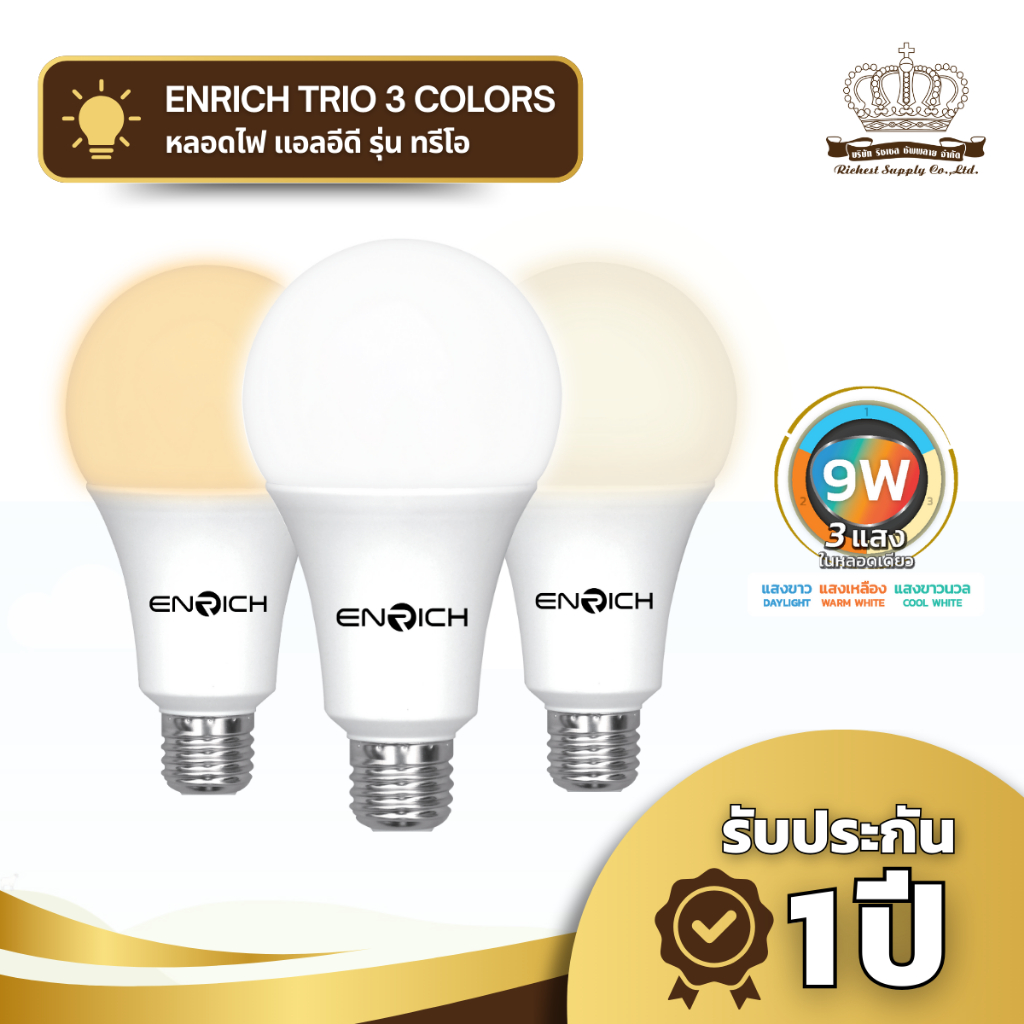 ENRICH หลอดไฟ LED BULB รุ่น Trio ขนาด 9W แบบ 3 แสง Switch Option ประหยัดไฟ หลอดe27