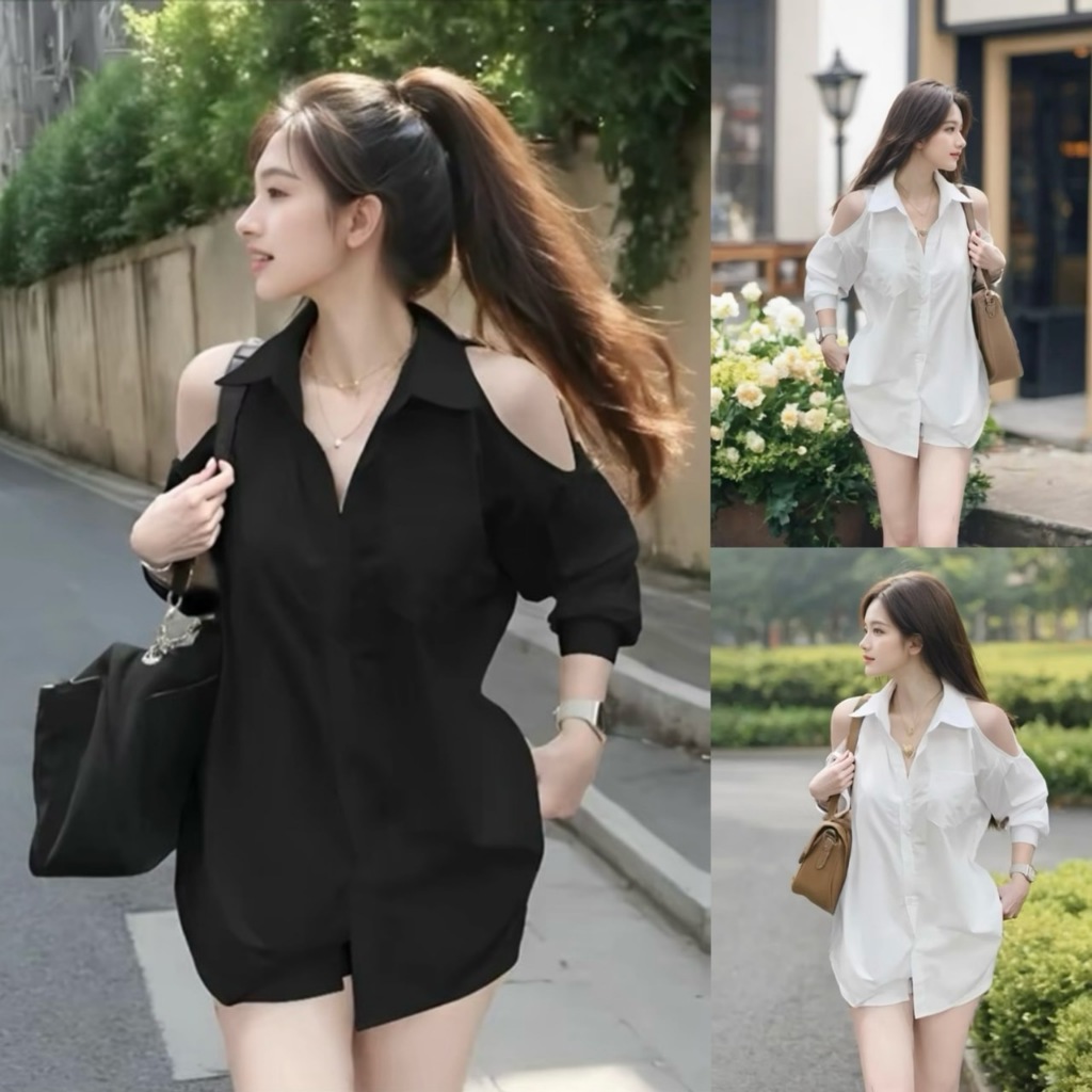 สินค้าพร้อมส่ง ชุดเซตสั้นผ้าครัช เสื้อแขนยาวเว้าไหล่กระดุมหน้า+กางเกงมีซับใน ใส่สบาย  A3212