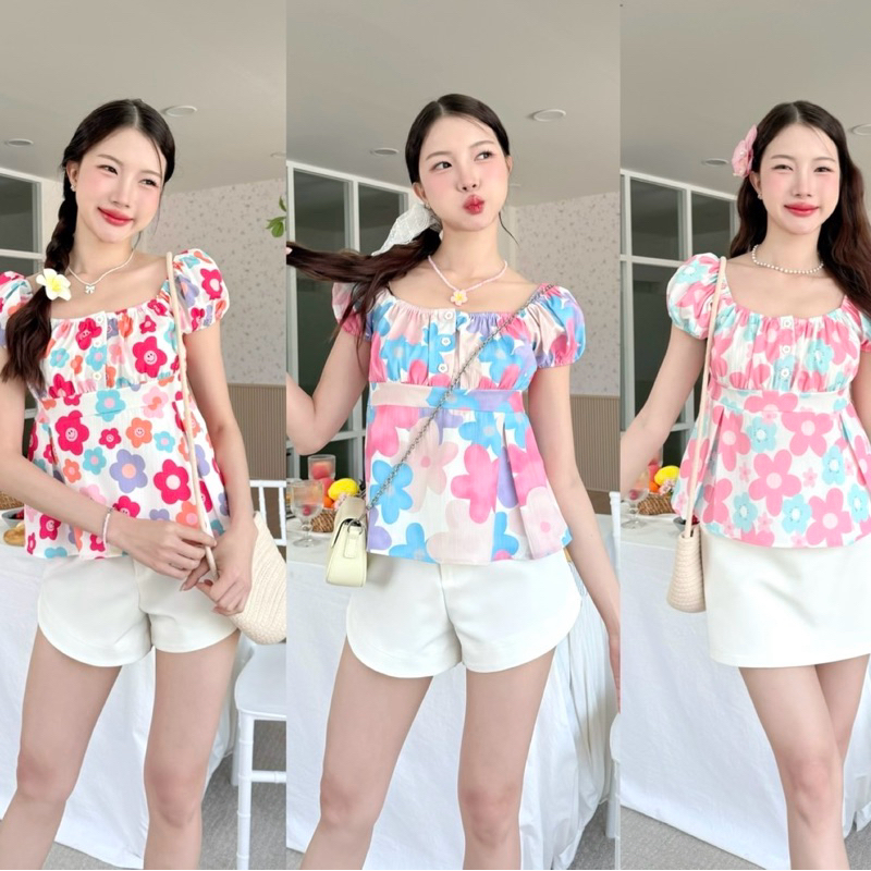 Prodเสื้อแขนตุ๊กตาลายดอกสดใสมีโบว์ผูกหลัง