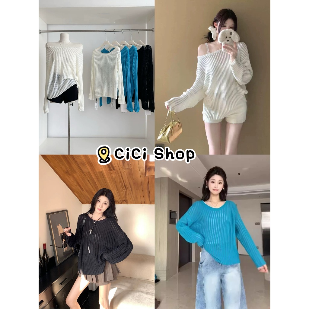 Cicishop(G009) เสื้อแขนยาวผ้าถักสีพื้นบางเบา Oversize ปาดไหล่ได้ ใส่เล่นสงกรานต์