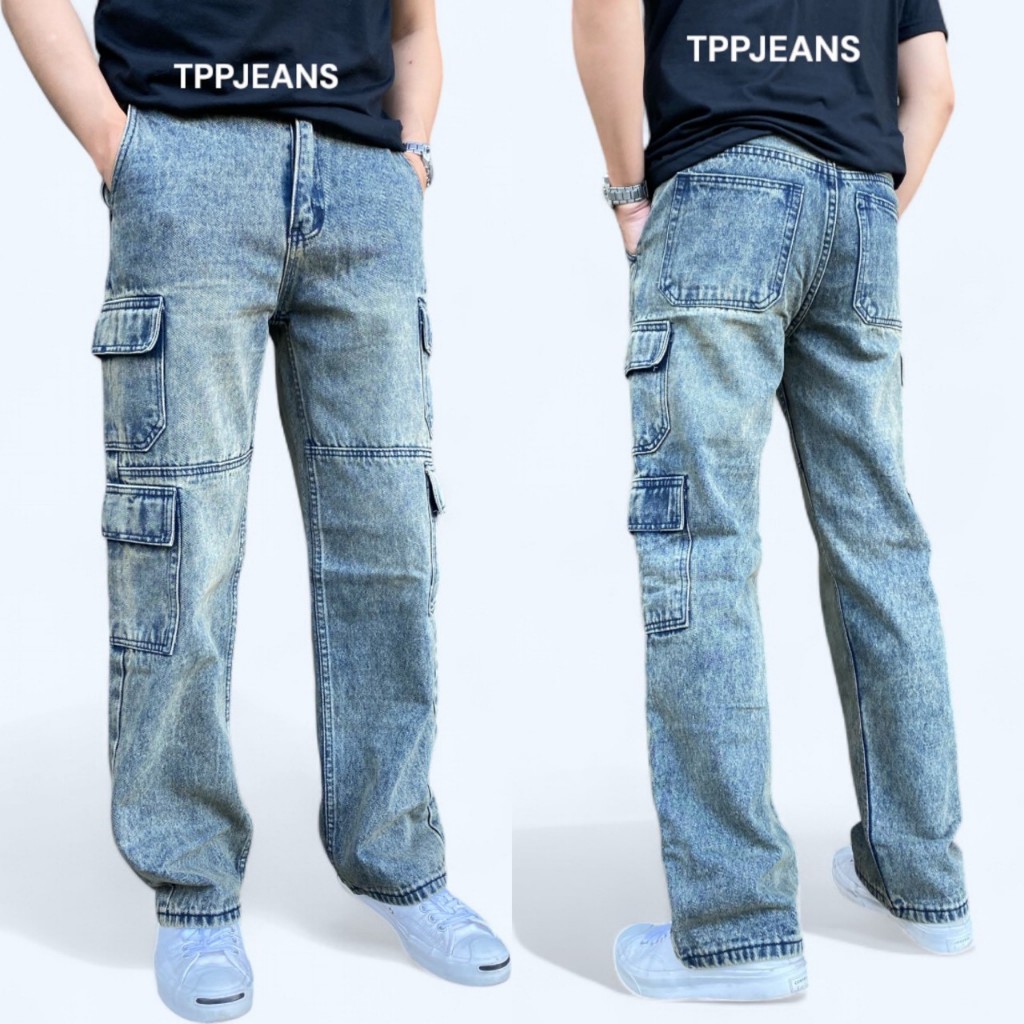 เอว28”-42”Cargo Denim กางเกงยีนส์คาร์โก้ทรงกระบอก สีบลูฟอกสโนว์สนิม เป้าซิป 8กระเป๋า