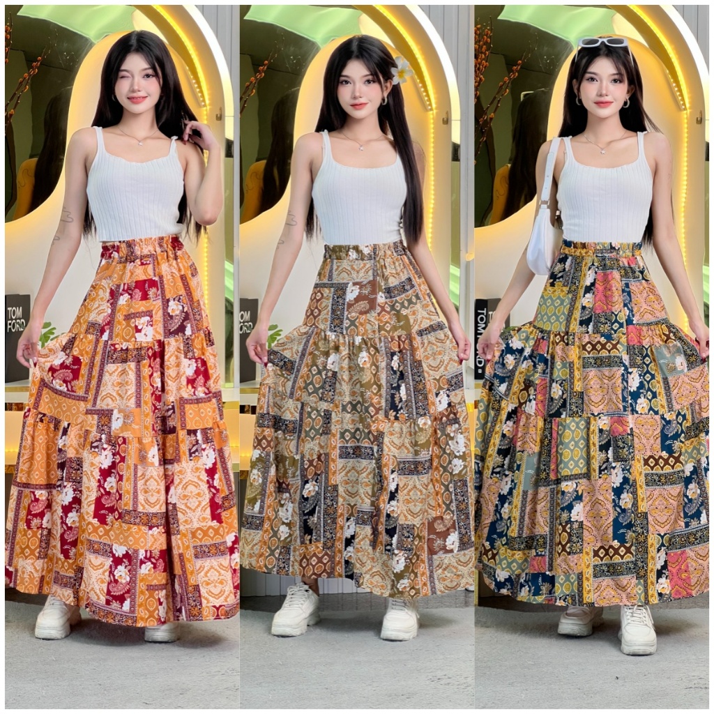 CODกระโปรงยาวสำหรับสุภาพสตรี แฟชั่นกระโปรงยาว เอว ตัวกว้าง ออกแบบลายพิมพ์ สไตล์โบฮีเมียน เข้าสู่ตลาดรุ่นใหม่ K9195